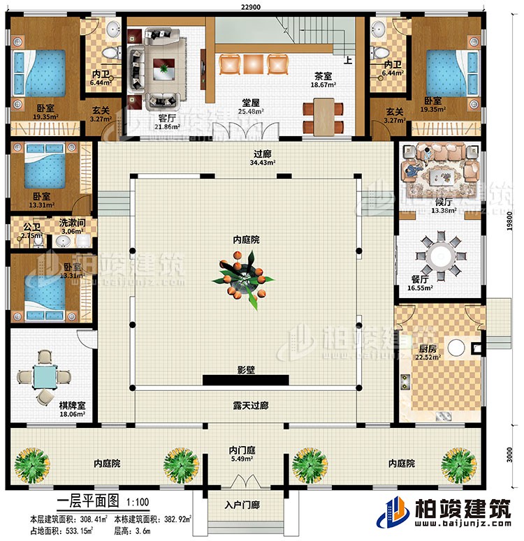 一层：入户门廊、内门庭、3内庭院、棋牌室、厨房、餐厅、候厅、客厅、堂屋、茶室、2玄关、4卧室、2内卫、公卫、影壁